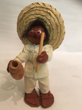 Vintage Mexican Scraper Mariachi Man Souvenir Folk Art Oil Cloth Handmade Doll