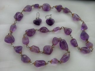 Vintage Purple Polished Amethyst Nugget Necklace Heart Earring Set 30 "
