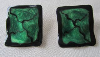 Vintage Silver Tone Green And Black Enamel Square Pin Earrings