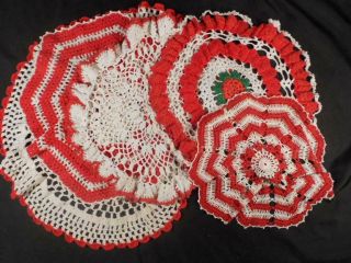 5 Vintage Hand Crocheted Red & White Colored Cotton Round Doilies,  Doily