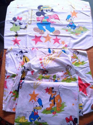 Vintage Walt Disney Mickey Mouse Donald Duck Pluto Twin Bed Sheet Set Pillowcase
