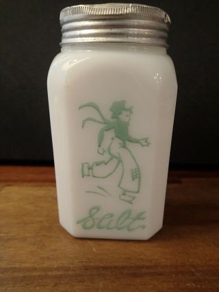 Vintage Hazel Atlas Milk Glass Square Green Dutch Skater Salt Shaker