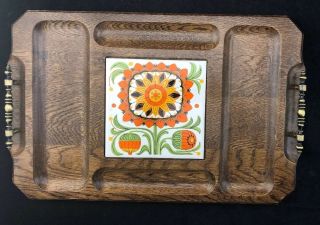 Vintage Mid - Century Modern Wood Cheese Tray Tile Cutting Board Serving Tray