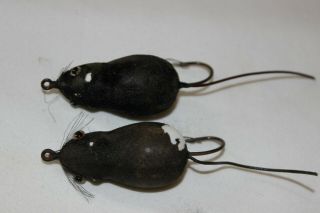 2 Vtg WEBER Dylite Weedless Mouse Fishing Lures Glass Eyes Flocked Black 5