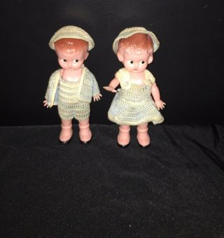 2 Vintage Hard Plastic Knickerbocker Dolls Boy & Girl Side Glance Painted Eyes