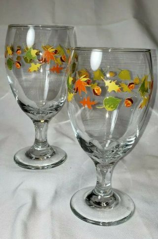Vintage & Colorful Autumn Leaves Water Goblets - Set Of 2 - 7 " H - Everyday Glass