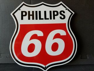 Vintage Phillips 66 Gasoline Shield 11 3/4 " Porcelain Metal Gas Oil Die Cut Sign