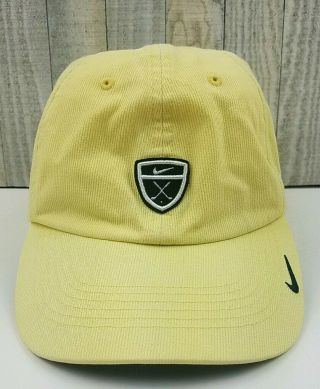 Vintage Nike Golf Shield Yellow Corduroy Strapback Hat Baseball Cap Swoosh Logo