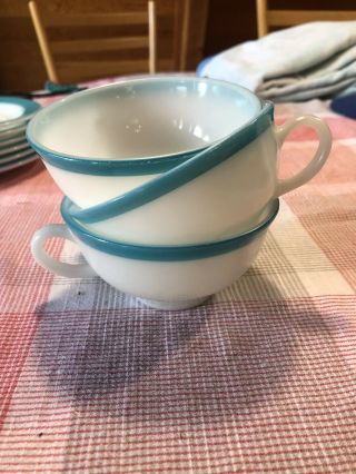 Vintage Pyrex Turquoise Stripe Tea Cups And Saucer Set.  3 Cups,  6 Saucers
