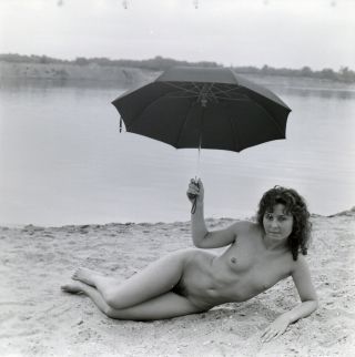 Vintage 6x6 B&w Negative Naked Girl With Umbrella Nudes 1980’s Hungary