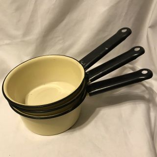 Vintage Kitchen Set Of 3 Yellow Enamelware Enamel Pans Pots With Black Edge