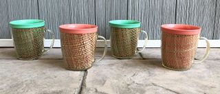 Set Of 4 Vintage Mid Century Raffia Ware Coffee Mugs Cups Burlap Straw Melamine