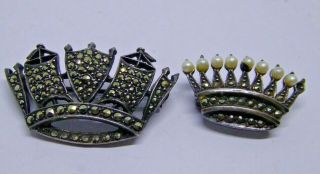 2 X Antique / Vintage Silver Marcasite And Pearl Set Crown Brooches