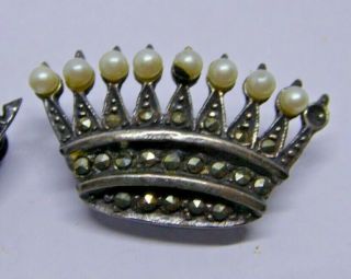 2 x Antique / Vintage Silver Marcasite and Pearl Set Crown Brooches 3