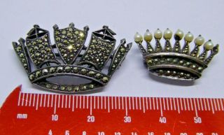 2 x Antique / Vintage Silver Marcasite and Pearl Set Crown Brooches 4