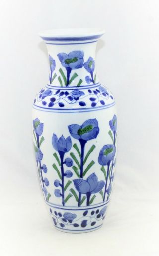 Vintage Chinese Blue White Porcelain Flower Vase W/ Green Accents - 10 1/8 " High