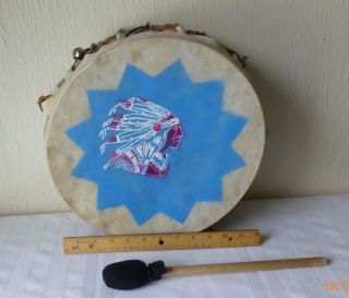 Vintage Tom Tom Drum Native Tribal Style Wood Animal Hide Drum Stick Teepee