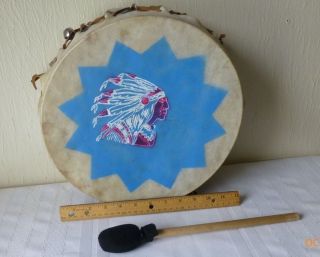 Vintage Tom Tom Drum Native Tribal Style Wood Animal Hide Drum Stick Teepee 2
