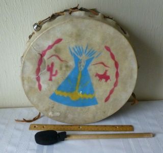 Vintage Tom Tom Drum Native Tribal Style Wood Animal Hide Drum Stick Teepee 4