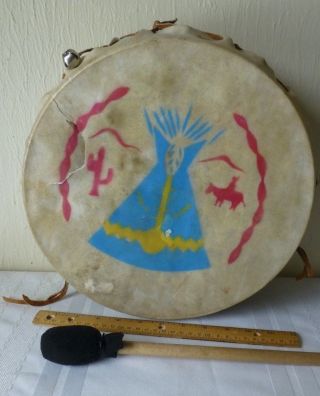 Vintage Tom Tom Drum Native Tribal Style Wood Animal Hide Drum Stick Teepee 5
