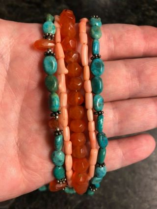 VTG Sterling Silver 5 Strand Turquoise Carnelian Angel Skin Coral Necklace 925 5