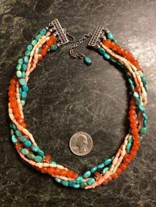 VTG Sterling Silver 5 Strand Turquoise Carnelian Angel Skin Coral Necklace 925 7
