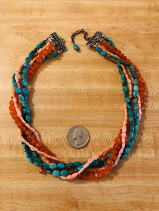 VTG Sterling Silver 5 Strand Turquoise Carnelian Angel Skin Coral Necklace 925 8