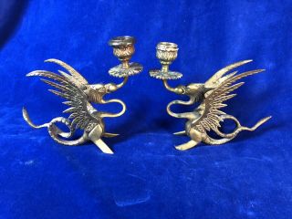 2 Vintage Brass Griffin Candlesticks Winged Dragon Candle Holders Mythical