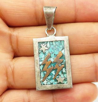 Mexico 925 Silver - Vintage Crushed Turquoise Lightening Bolt Pendant - P7318