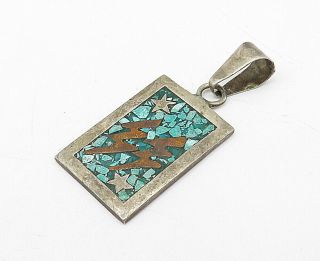 MEXICO 925 Silver - Vintage Crushed Turquoise Lightening Bolt Pendant - P7318 2