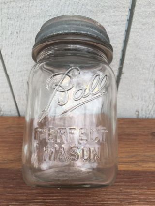 Vintage 1 Pint Ball Perfect Mason Square Canning Jar Zinc Milk Glass Lid