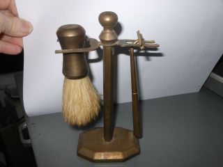 Vintage Brass Razor Stand With Razor And Shaving Brush
