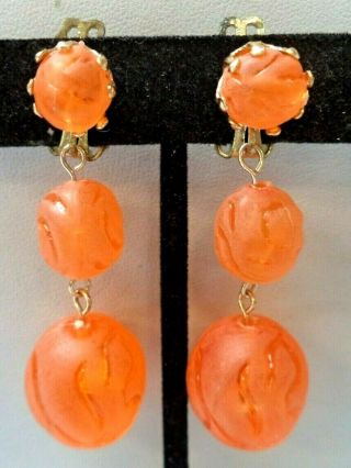 Stunning Vintage Estate Signed Japan Orange Bead 2 1/4 " Clip Earrings 2315p