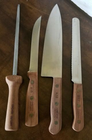 4 Vintage Chicago Cutlery Knife Set Wood Handle 42s Bt7 61s And Sharpener