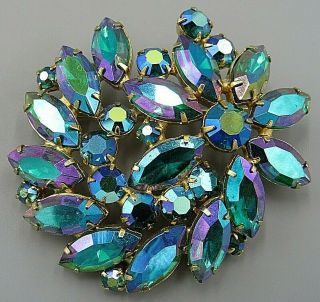 Show Stopper Vintage Jewelry Signed Weiss Blue Flower Brooch Pin Rhinestone Lotp