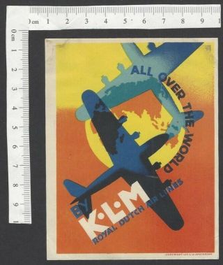 Klm Royal Dutch Air Lines All Over The World Vintage Luggage Label