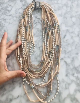 Vtg Denis & And Charles Rush Multi Strand Crystal Nude White Tan Silver Necklace