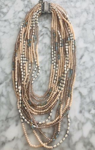 VTG DENIS & AND CHARLES RUSH Multi STRAND CRYSTAL Nude White Tan Silver Necklace 2