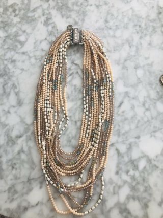 VTG DENIS & AND CHARLES RUSH Multi STRAND CRYSTAL Nude White Tan Silver Necklace 3