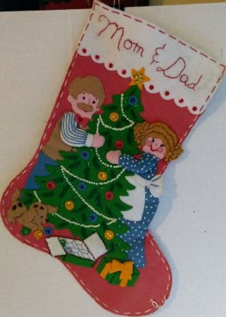 Vtg Christmas Tree Sequins Mom & Dad Completed Embroidery Stocking Puppy Pink