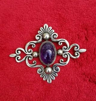 Vintage Early Taxco Mexican Sterling Silver 925 Amethyst Pin Brooch