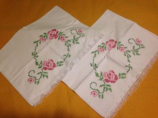 One Pair Vintage Cross Stitch And Lace Edge White Pillow Cases Standard Size