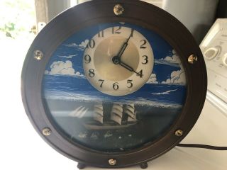Vintage Haddon Electric Novelty " Ship Ahoy " Porthole Lighted Ship Motion Clock