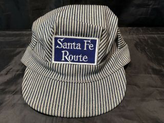 Vintage Santa Fe Route Railroad Engineer Blue & White Striped Hat Xl