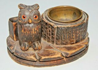 Vintage Carved Wooden Owl Figure With Brass Inkwell Rare