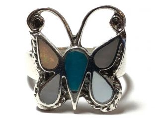 Vintage Ladies Sterling Silver Mother Of Pearl/turquoise Butterfly Ring Sz 6.  25