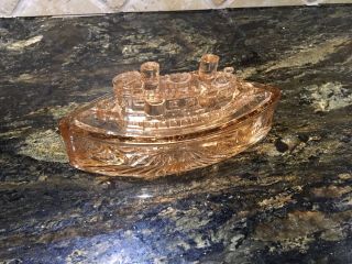 Perfect Vintage 1930s “remember The Maine” Pink Depression Glass Ship Candy Dish