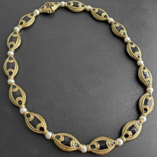 Vintage Heavy Quality Brass Black Enamel Pearl Bead Necklace S128