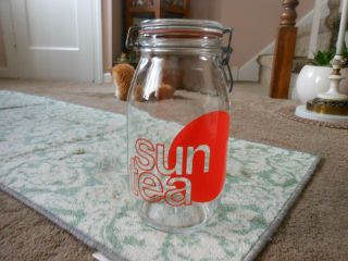 Vtg.  Wheaton Glass 2l Sun Tea Canister Jar,  Wire Bail Hinged Lid,  Graphics