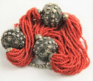 24 " Estate Vintage Multi Strand Red Seed Bead Metal Tribal Accent Bead Necklace